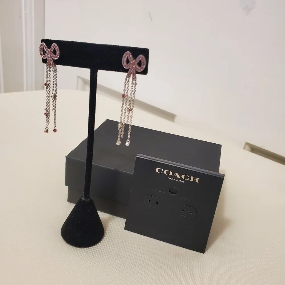 NWT Coach Pave Bow Swarovski Crystal Fringe Bow Earrings - Picture 3 of 9